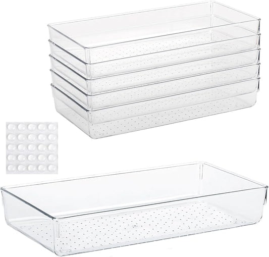 6Pcs Clear Plastic Drawer Organizers Tray 12" x 6.2" Storage Bins with 25Pcs