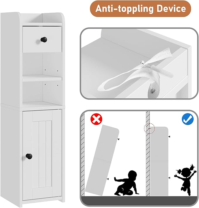 Lomojo Small Bathroom Storage Cabinet,Narrow Toilet Paper Holder,Corner Floor Cabinet with Doors and Drawer for Small Space,Adjustable Shelf Organizer,7.75L*7.75D*29.6H,White