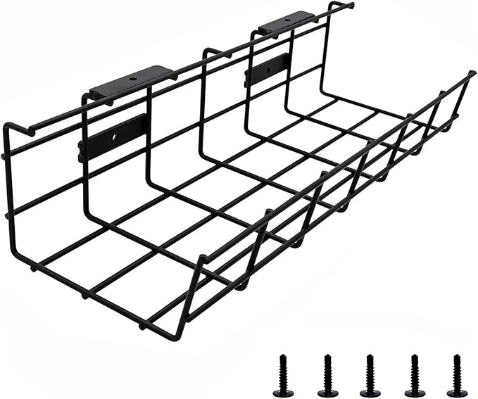 Under Desk Cable Management- 1 Pack Cord Organizer. Metal Wire Cable Management Tray for Office, Studio and Home. Super Sturdy Under Table Cable Management - Black Cable Organizer