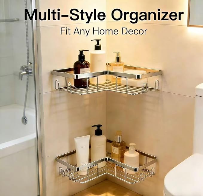Shower Caddy 2 Pack, Stainless Steel No Drilling Adhesive Bathroom Organizer Shelf Rack, Corner Shower Shelf with Hooks for Home Decor & Storage