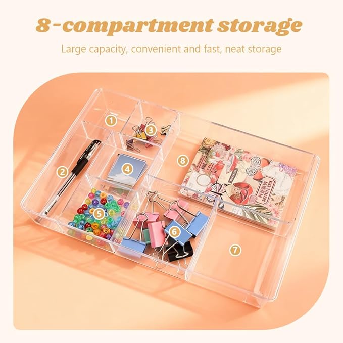 Acrylic Drawer Organizer, 8-Section Clear Acrylic Drawer Divider Tray Makeup Tray Organizer for Office Bedroom Drawers