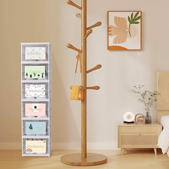 6 Shelf Weekly Clothes Organizer for Kids, Foldable Days of The Week Clothes Organizer with Door Hanging Closet Organizer Storage for Boys and Girls Monday Through Friday Essential Stuff (White)