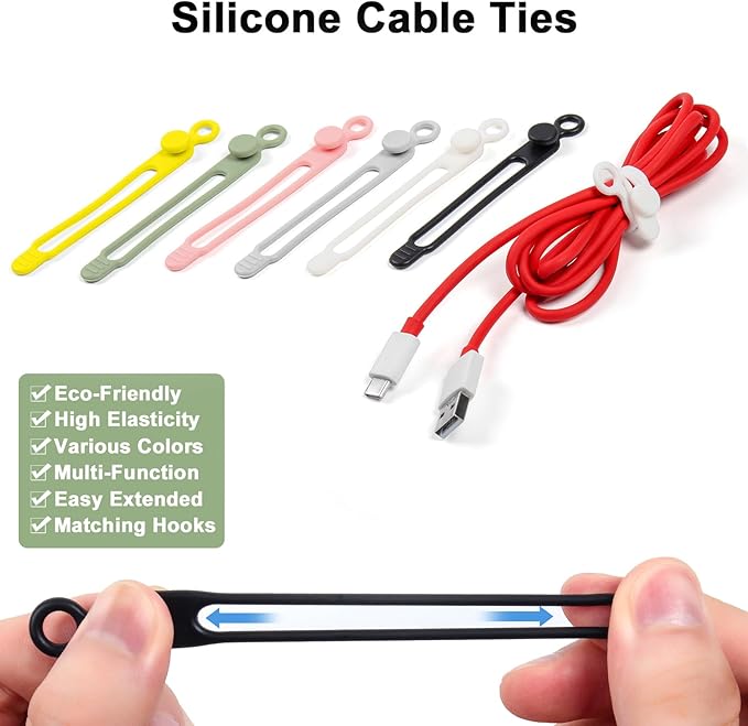 50Pcs Cord Organizer Kit, Reusable Silicone Cable Ties, Strong Adhesive Cable Clips for Cable Management, Multipurpose Wire Management for Bundling and Fastening Various Wires (6 Colors)
