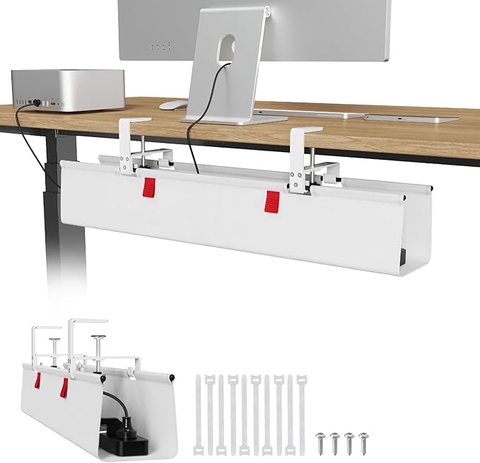 Univivi No Drill Under Desk Cable Management Tray, 28" Cord Organizer for Table, Clamp/Screw Mount Desk Cable Management, Premium Fabric Cable Management Tray for Office, Home
