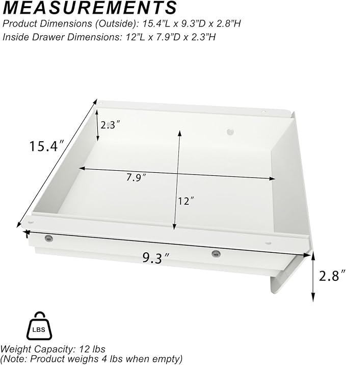 White Under Desk Mounted Sliding Drawer with 60 Degree Tilt Panel to pull out, 15'' long & 9'' deep Large Storage Organizer for Sit Stand Workstation