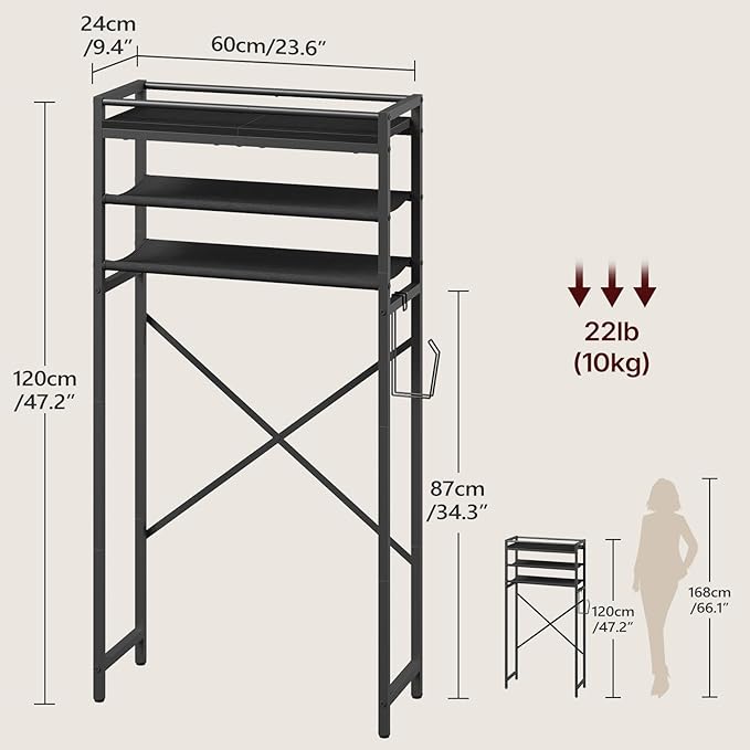 MAHANCRIS Over Toilet Storage, 3-Tier Bathroom Organizer Shelf with Toilet Paper Holder, Freestanding Space Saver Bathroom Shelves Above Toilet for Bathroom, Laundry Room, Black TSBK1201