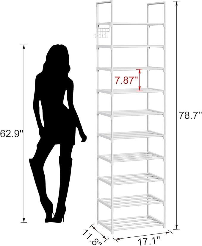 Metal Shoe Rack Organizer 10 Tiers, 20-24 Pairs Narrow Tall Shoe Racks for Closets Entryway - Vertical Boots Organizer Storage - Sturdy Shoe Shelf Cabinet White