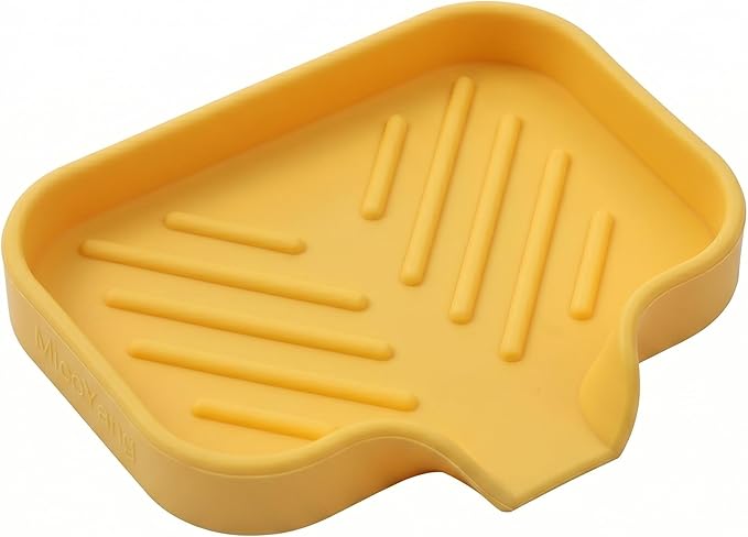 MicoYang Silicone Soap Dish with Drain Spout — Self-Draining Sink Organizer Tray for Bathroom & Kitchen, Holds Soap, Sponges & Dispensers, Non-Slip & Dishwasher Safe, Yellow (Small, 4.9"×3.2")