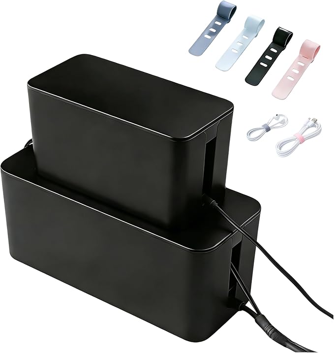 1Large+1Small Cable Organizer Set with 4 Silicone Cable Ties, 2-Piece Cable Management Box, Acrylic Lid Cord Organizer for Home Office,Set of Two Cable Box,Cable Organizer Box(Acryliclid lid/Black)