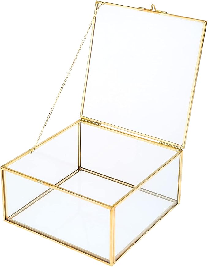 HighFree Vintage Glass Box with Lid - Clear Jewelry Glass Display Box Keepsake Box - Home Decor Decorative Box for Trinket Rings Bracelet (Gold, Small)