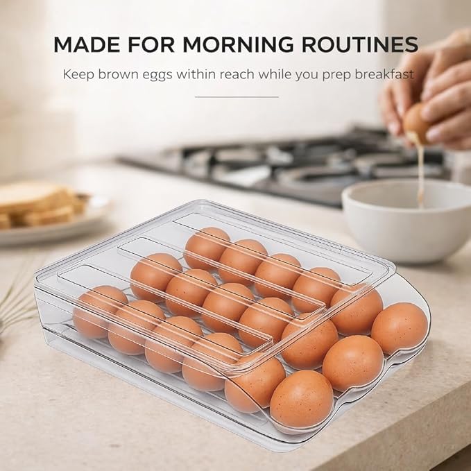 Egg Holder for Fridge with Rolling Auto Dispense, Egg Dispenser for Refrigerator, Stackable Egg Organizer for Refrigerator, Holds 18 Eggs, Clear Space Saving Storage Container for Kitchen Use