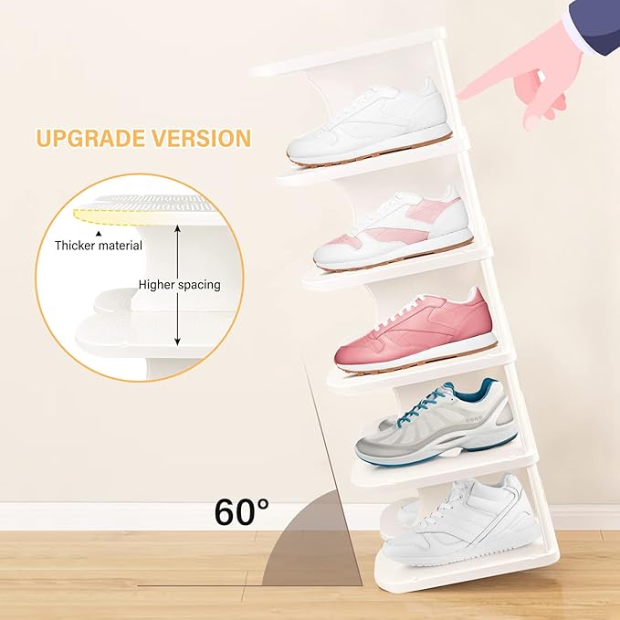 6-Tier Narrow Shoe Organizer, Adjustable Cubby Shoe Rack for Closet, Free Standing Shoe Slot Tower for Entrance, Stackable Space-Saving Shoe Storage Shelf for Entryway, White