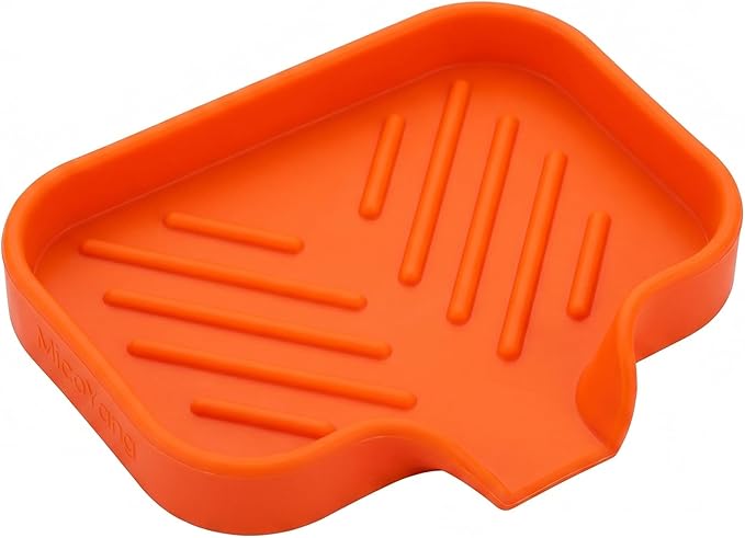 MicoYang Silicone Soap Dish with Drain Spout — Self-Draining Sink Organizer Tray for Bathroom & Kitchen, Holds Bar Soap, Sponges & Dispensers, Non-Slip & Dishwasher Safe, Orange (Small, 4.9"×3.2")