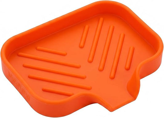 MicoYang Silicone Soap Dish with Drain Spout — Self-Draining Sink Organizer Tray for Bathroom & Kitchen, Holds Bar Soap, Sponges & Dispensers, Non-Slip & Dishwasher Safe, Orange (Small, 4.9"×3.2")