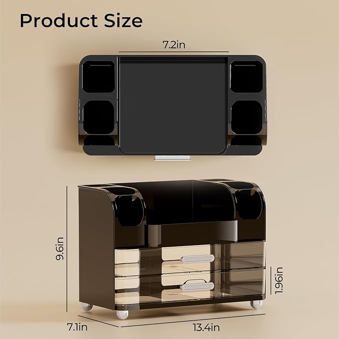 UFORU Makeup Organizer for Vanity with 2 Large Drawers, Cosmetic Display Case with Brush Holders, Easy to Storage for Bathroom Countertop Skincare, Perfume, Black