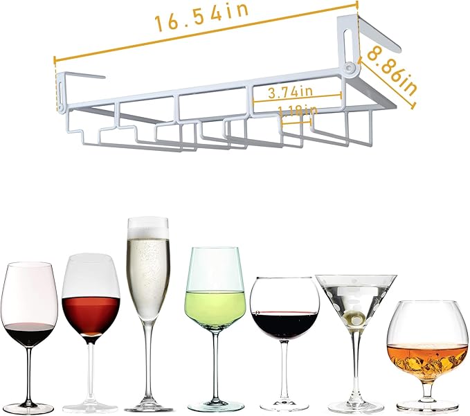 Adjustable Under Cabinet Stemware Holder - Metal Wine Glass Hanger Organizer for Kitchen, Bar, Shelf - Rustproof Hanging Storage Rack for 6-8 Glasses - Space Saving Decor (White, 4 Rows)