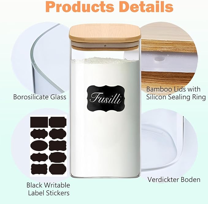 VIEWELLD Food Storage Containers with Airtight Bamboo Lids Set of 5, Glass Canisters with Airtight Lids, Glass Food Storage Containers for Pasta, Oats, Coffee, Flour, Sugar, Best for Kitchen, Square