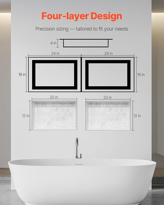 VEVOR Shower Niche, 16 x 24 inch + 16 x 24 inch Recessed Wall Niche with Movable Shelf, 4 inch Thick Modern Soap&Shampoo Storage Organizer,Square Corners,Sealed Waterproof,Black for Bathroom Shower