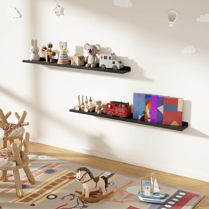 Love-KANKEI 48 Inch Long Floating Shelves Wall Mounted Set of 2, Large Wood Wall Shelves for Storage, Rustic Hanging Shelves for Display,Bedroom Living Room Bathroom Kitchen Office Black