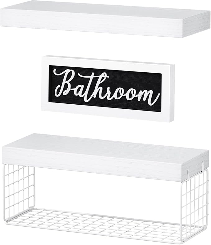QEEIG ‎Bathroom Shelves Over Toilet - Paper Storage Wall Mounted Farmhouse Decor Decorations Aesthetic Décor Sign Small Floating Shelf 2+1 Set 16 inch, White (020WW)