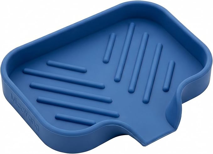 MicoYang Silicone Soap Dish with Drain Spout — Self-Draining Sink Organizer Tray for Bathroom & Kitchen, Holds Bar Soap, Sponges & Dispensers, Non-Slip & Dishwasher Safe, Lichen Blue(Small, 4.9"×3.2")