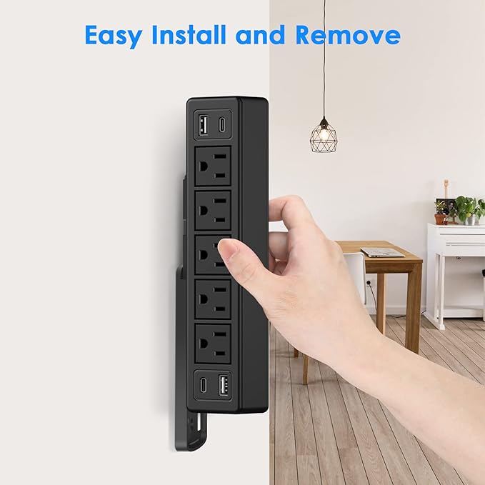 40W Under Desk Power Strip Mountable,20W USB-C Fast Charging Flat Plug Power Strip Surge Protector 1200J,9 in 1 Desk Outlet,5 Outlets,2 USB-C,2 USB-A,6FT Extension Cord Black