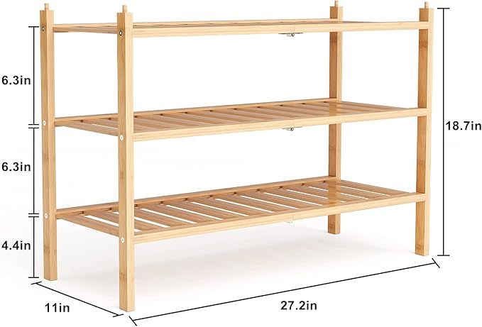 Shoe Rack, 3-Tier Bamboo Stackable Shelf Storage Organizer, Natural