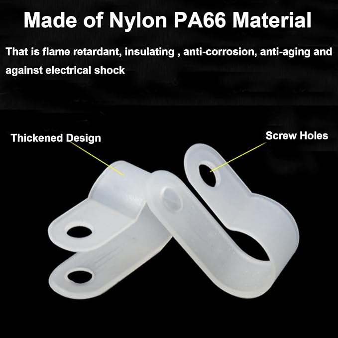 200 Pcs White Nylon R-Type Cable Clamp 1/4 Inch Cable Organizer Assortment Kit for Wire Management