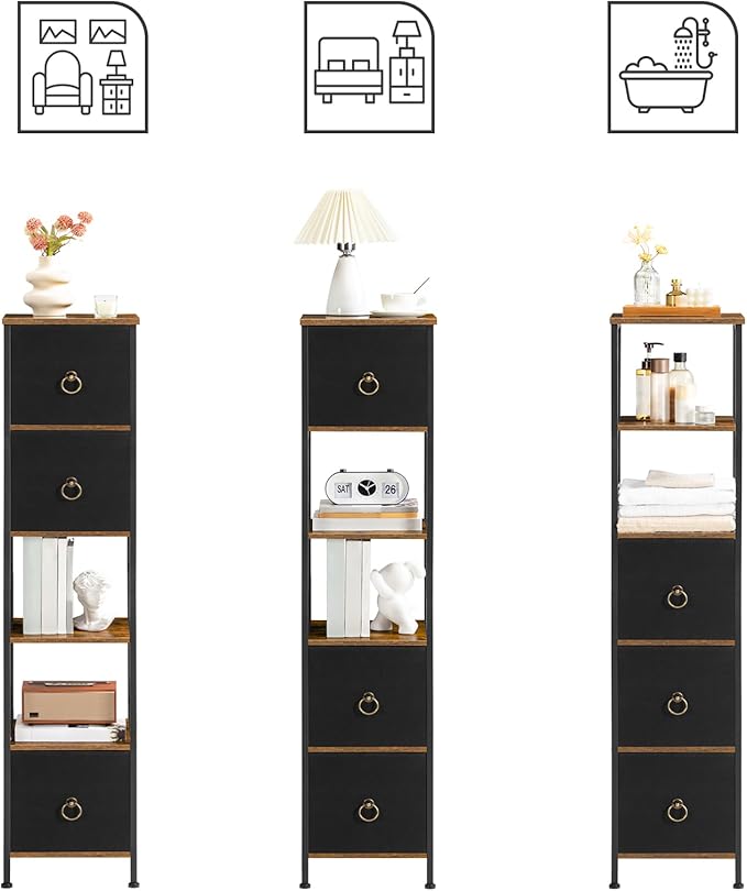 HOOBRO Bathroom Floor Cabinet, Bathroom Organizer and Storage Rack Stand, 3 Drawers Free-Standing Cabinet for Bathroom, Living Room, Rustic Brown and Black BF140CW01