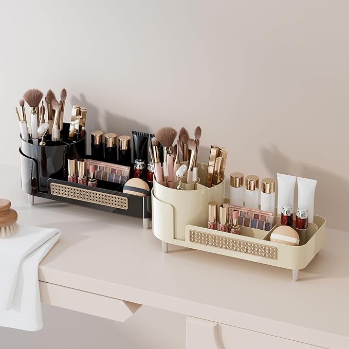 Booklov Rotating Makeup Caddy Organizer for Vanity, Large Capacity Cosmetic Display Case, Countertop Beauty Storage Holder for Skincare, Brush Eyeliner Lipstick, Counter Table Organization, Cream