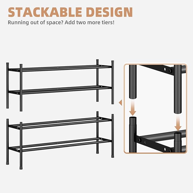 STORAGE MANIAC Long Expandable Shoe Rack, 24 Pairs Metal Wide Stackable Shoe Rack, Adjustable Shoes Shelf, Freestanding Shoes Organizer for Closet, Entryway, Hallway, Garage, Front Door, 4 Tiers