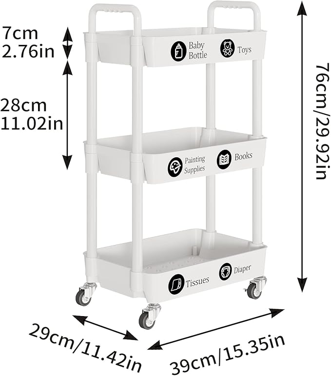 3-Tier Rolling Cart with Wheels, Multifunction Utility Storage Carts, White