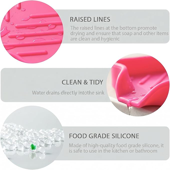MicoYang Silicone Soap Dish with Drain Spout — Self-Draining Sink Organizer Tray for Bathroom & Kitchen, Holds Bar Soap, Sponges & Dispensers, Non-Slip & Dishwasher Safe, Rose Red (Small, 4.9"×3.2")