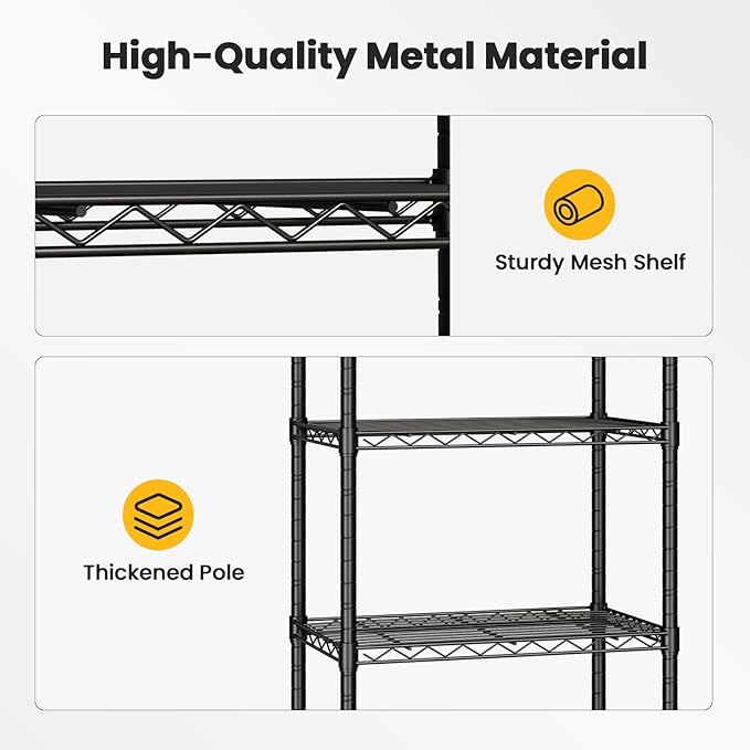 DUMOS 4-Tier Metal Wire Storage Shelves, Adjustable Standing Storage Rack Shelf with Wheels, Heavy Duty Steel Shelving Unit Organizers for Kitchen Bathroom Pantry Garage, 23.2"W×13.4"D×47.1"H, Black