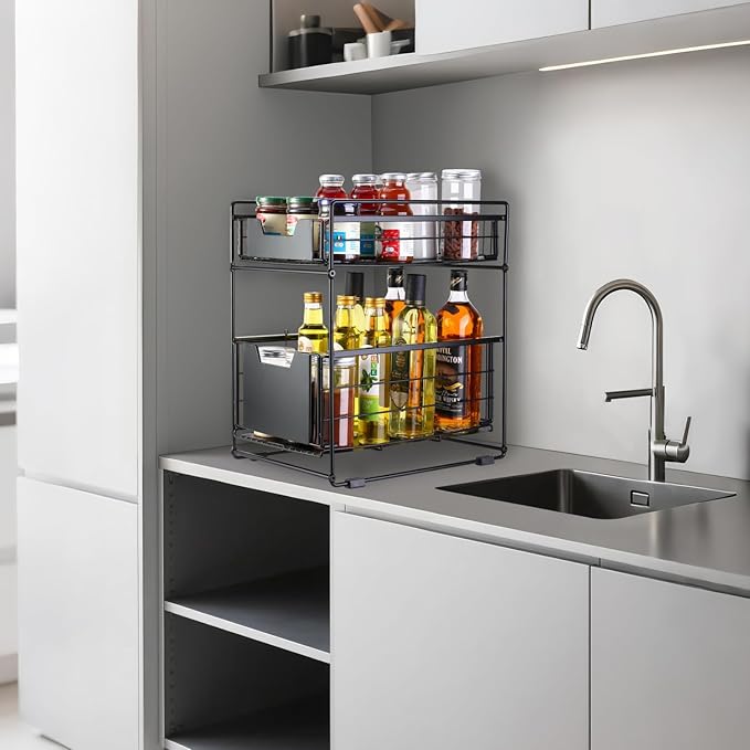 2 Tier Under Sink Organizer,Slide Out Kitchen Cabinet Organizer,Pull Out Pantry Storage with 2 baskets, Office Supplies,Kitchen,Bathroom Organizer with Sliding Drawer,Large Capacity,Multi-Use