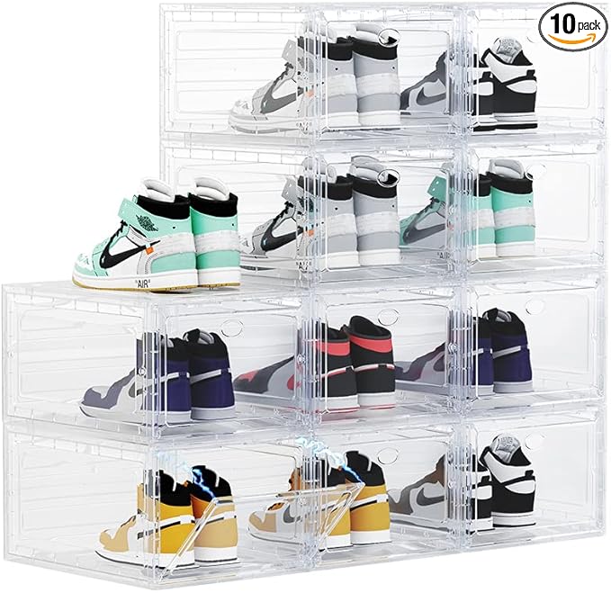 Large Clear Plastic Shoe Boxes Stackable Organizing Sneaker, 10 Pack Drop Front Shoe Storage Boxes for Closet, plastic shoe storage entryway for Size 12 (Clear 10 Pack)