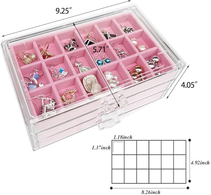 YUFONG Earring Organizer Box Acrylic Jewelry Organizer with 3 Drawers 54 Adjustable Grids Clear Stackable Earring Holder Velvet Trays Ring Display Case for Women Girls (Pink)