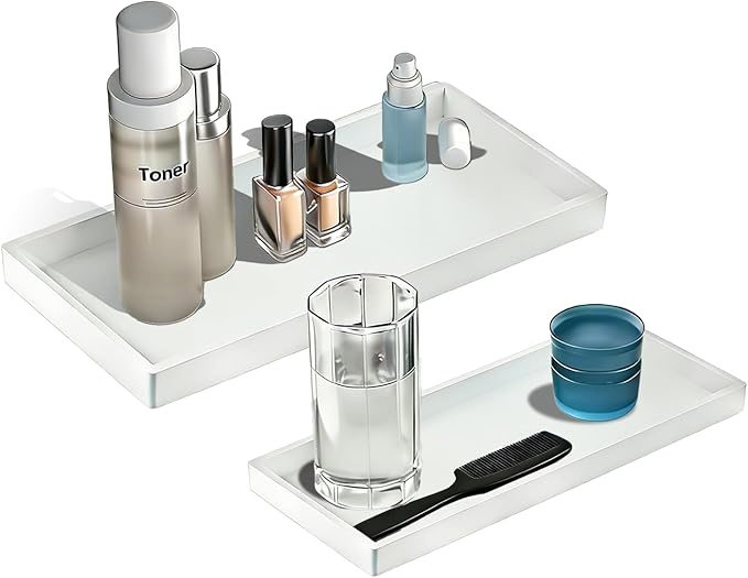 BBK Bathroom Vanity Tray- 2 Pack (7.8" and 11.8") Silicone Bathroom Tray for Counter, Perfume Key Trinket Ring Tray, Decor Soap Dispenser Countertop Tray for Kitchen Sink Organization (White)