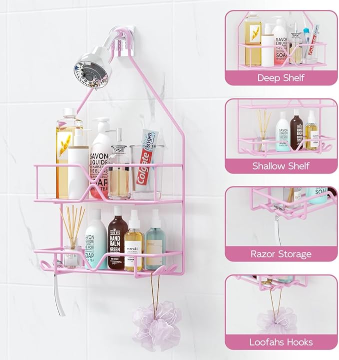 Pink Shower Caddy Over Shower Head, Pink Bathroom Accessories
