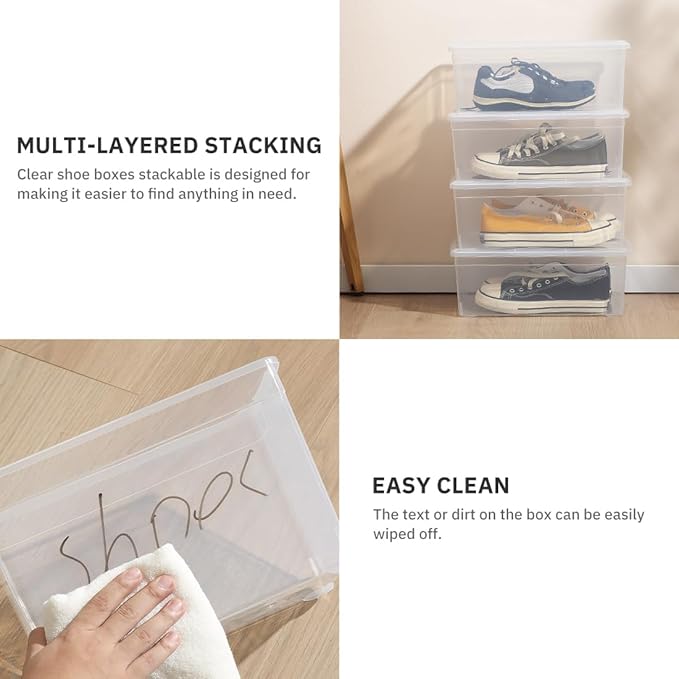 Clear Shoe Boxes 12 Pcs Plastic Storage Bins with Latching Lid Rectangular Storage Boxes Durable See-Through Lidded Shoe Boxes for Art Supplies and Home (Clear)