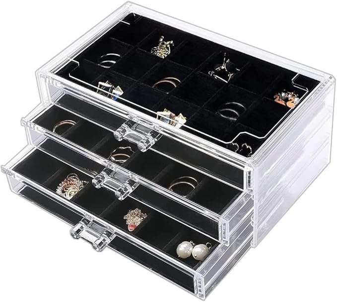 YUFONG Earring Organizer Box Acrylic Jewelry Organizer with 3 Drawers 54 Adjustable Grids Clear Stackable Earring Holder Velvet Trays Ring Display Case for Women Girls (Black)