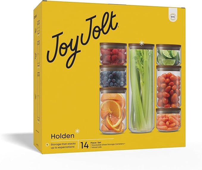 JoyJolt Holden 7-Piece Stackable Glass Storage Containers with Lids, Airtight Food Canister Set with Acacia Wood Lids, Round Stacking Pantry and Kitchen Containers for Pasta, Flour, Sugar, Coffee