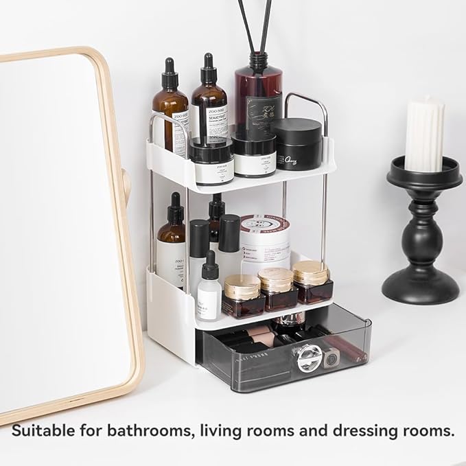 Small Vanity Organizer for Dresser & Countertop - Dorm & Home Office Makeup Storage (7.8"x5.9") with Metal Support, 2-Tier Design with Drawer for Skincare, Perfume, College & Apartment