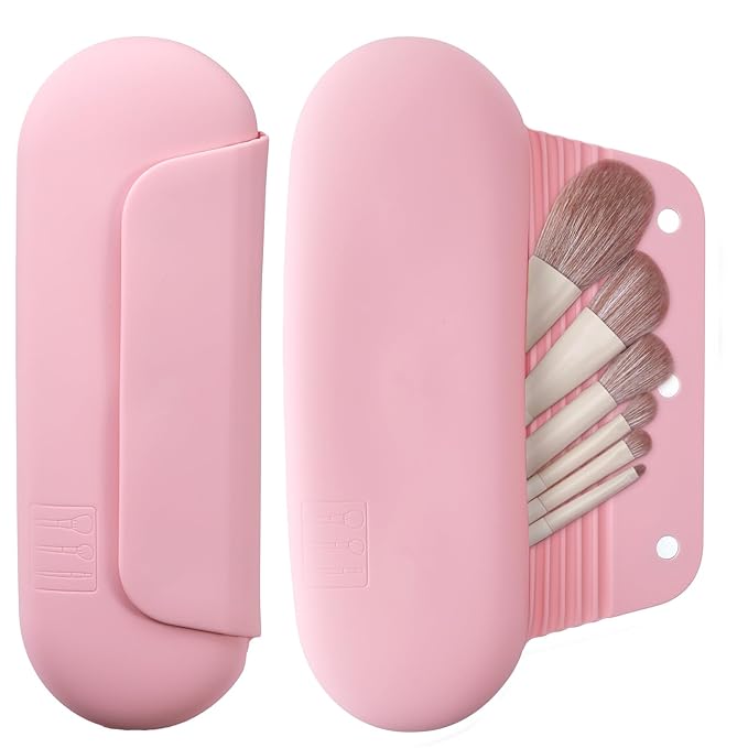 AGIKET Silicone Makeup Brush Holder Travel Cosmetic Bag：Soft Portable Cosmetic Face Brushes Holder with Upgrade Anti-Fall Out Magnetic Closure, Large Travel Makeup Brush Case - Pink