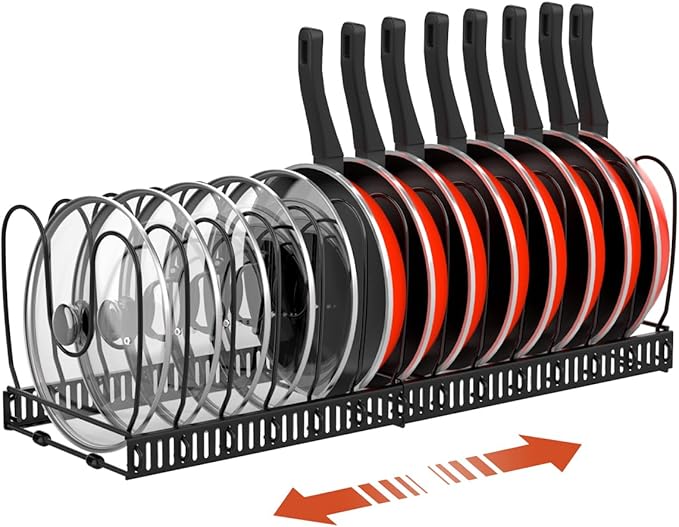 Housolution Pot and Pan Organizer Rack for Cabinet, Expandable Pot Lid Organizer Holder with 14 Adjustable Dividers, Fully Expanded Size 22.83" W x 7.09" D x 7.09" H, Black