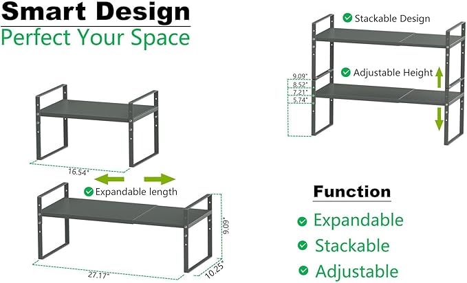 Jojocross Expandable Stackable Spice Rack Cabinet Shelf Organizer in Cabinets Shelves Kitchen Cupboard Organization Stack up Racks Pantry Countertop Storage (Gray, Large 2 Packs)