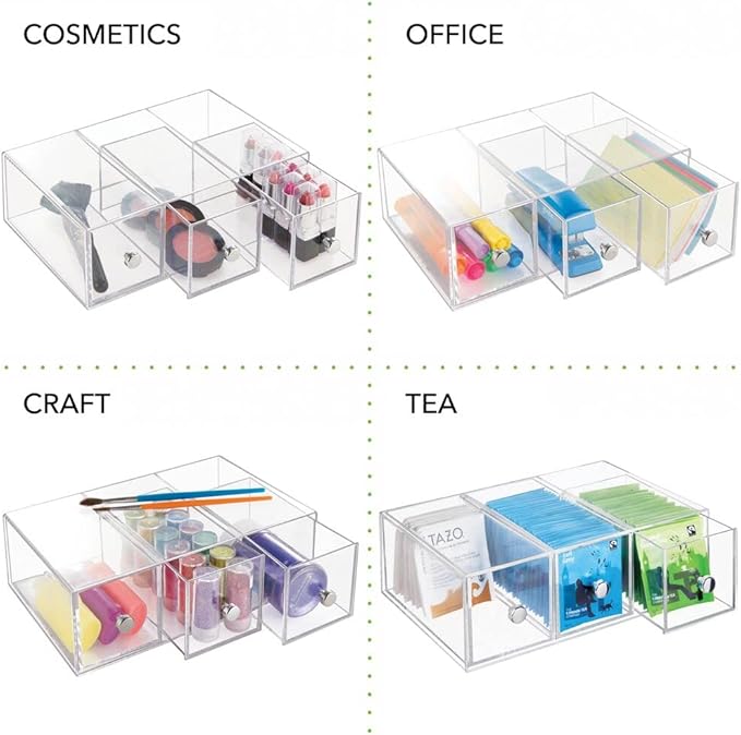 mDesign Plastic Kitchen Pantry Stackable Storage Organizer Container Station with 3 Drawers for Cabinet, Countertop, Holds Coffee, Tea, Sugar Packets, Creamers - Lumiere Collection - Clear