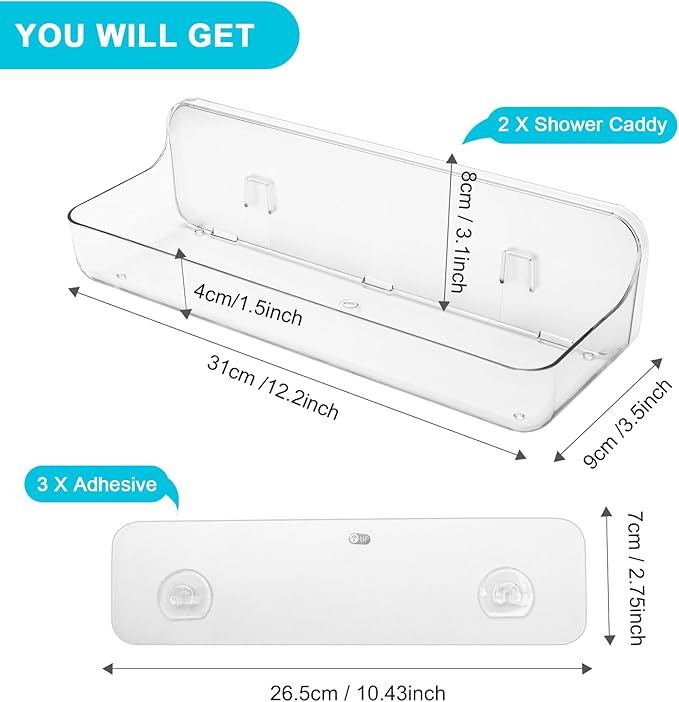 CGBE Adhesive Long Shower Caddy: Stick Hanging Acrylic Organizer Shelves - 2-Pack Modern Wall-Mounted Holder for Girls, Men & Kids - Bathroom Wall Bathtub