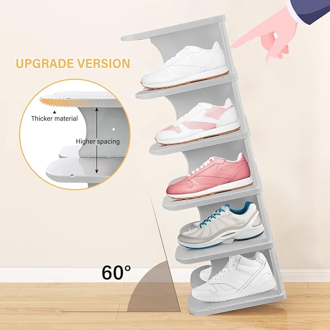 6-Tier Thickening Cubby Shoe Rack, Free Combination Shoe Organizer for Closet, Free Standing Shoe Tower, Stackable Space-Saving Adjustable Shoe Storage Shelf, Grey