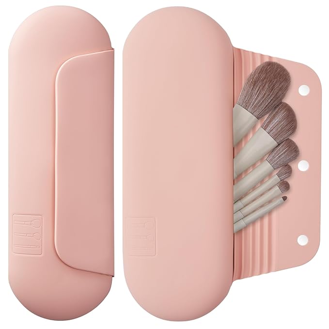 AGIKET Silicone Makeup Brush Holder Travel Cosmetic Bag：Soft Portable Cosmetic Face Brushes Holder with Upgrade Anti-Fall Out Magnetic Closure, Large Travel Makeup Brush Case - Pink Sand